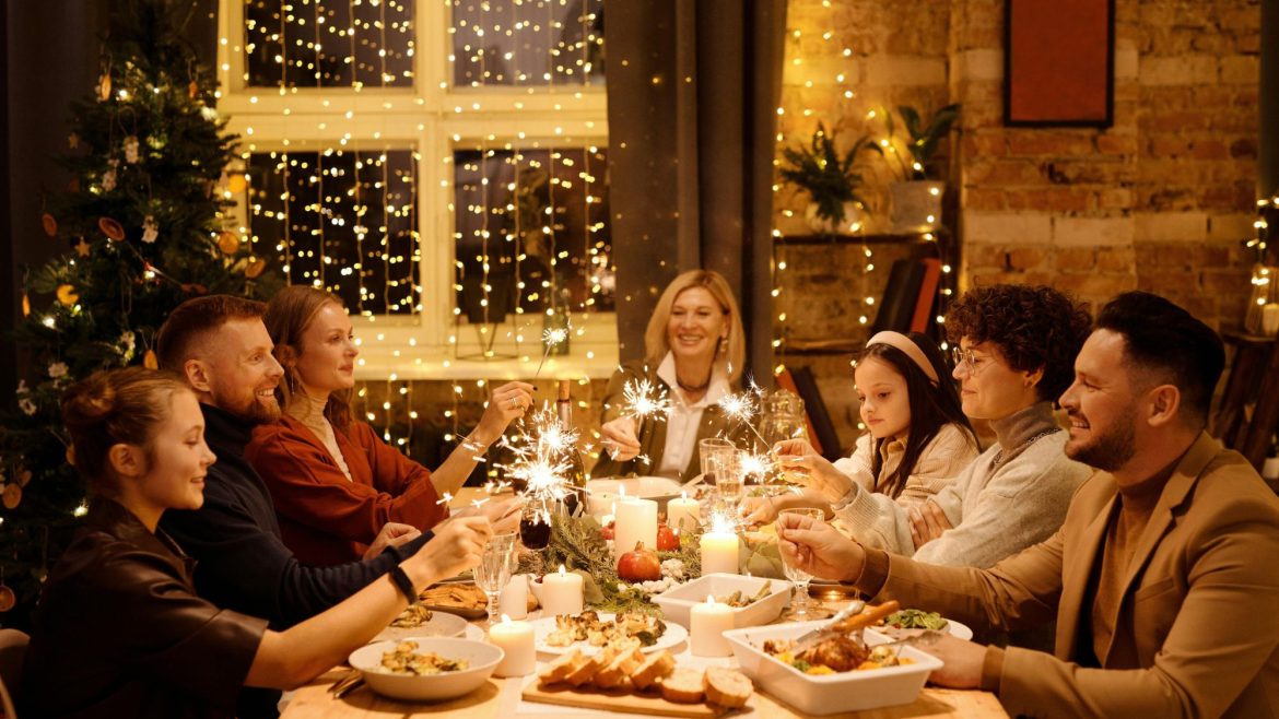 A family enjoying their Christmas dinner in a beautiful home ambiance