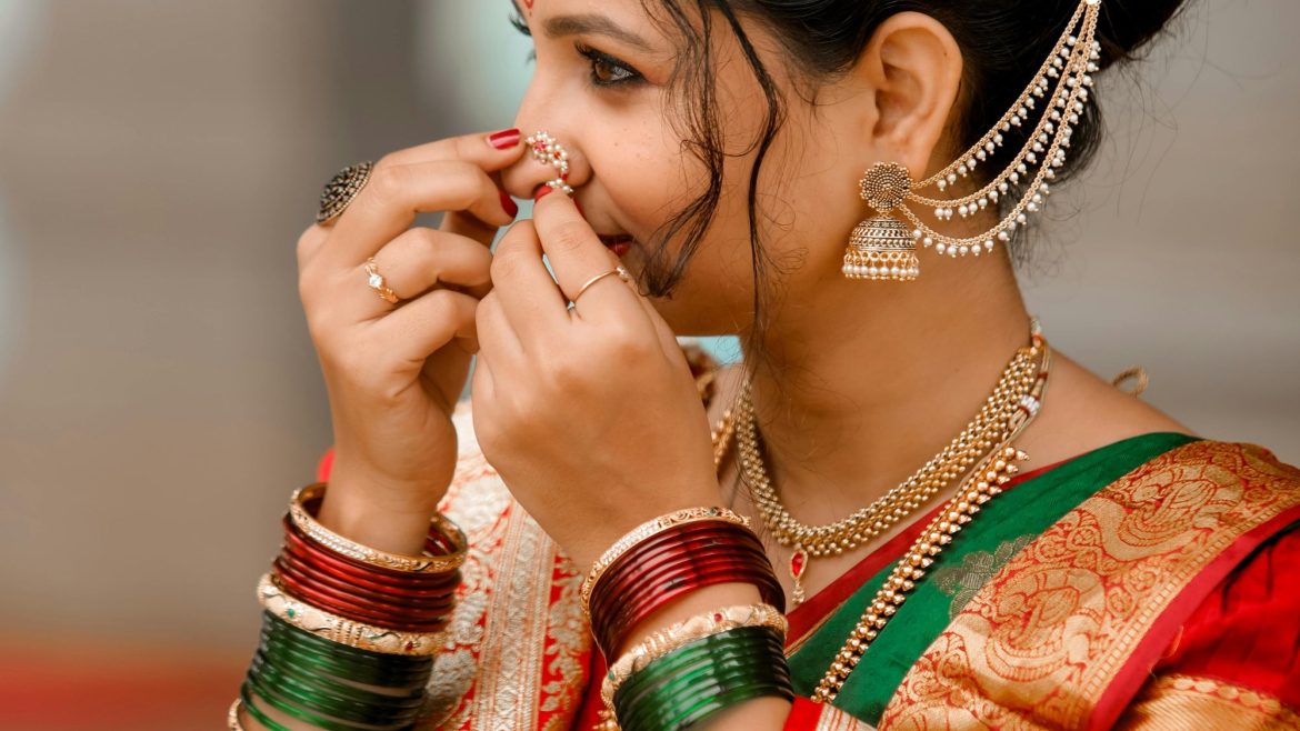 An Indian bride wearing wedding dress bought from bridal shops